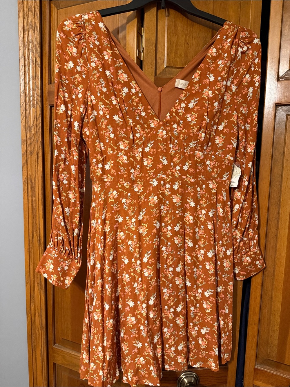 Altar'd State Rust Floral V-Neck Long Sleeve Dress